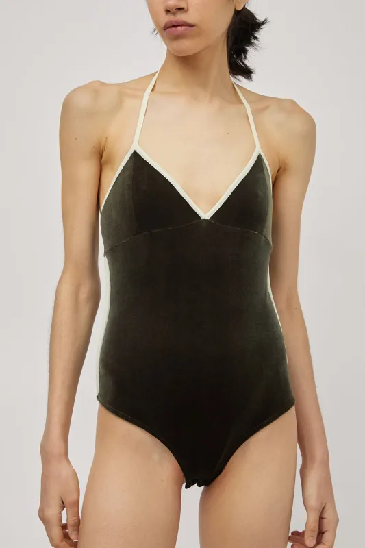 Simone Wild Belle Sport Bodysuit in Olive Velvet and Lemon Ribbon sold by No. 6