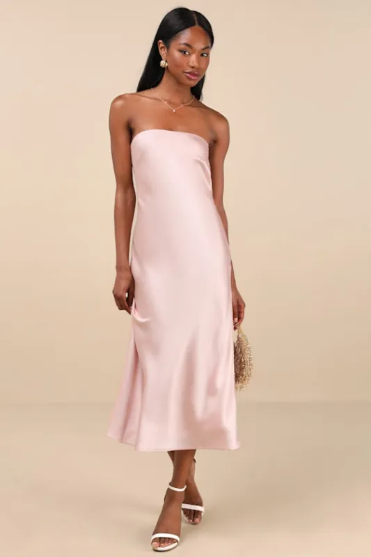 Effortless Bliss Blush Pink Satin Strapless Cowl Back Midi Dress sold by Lulus