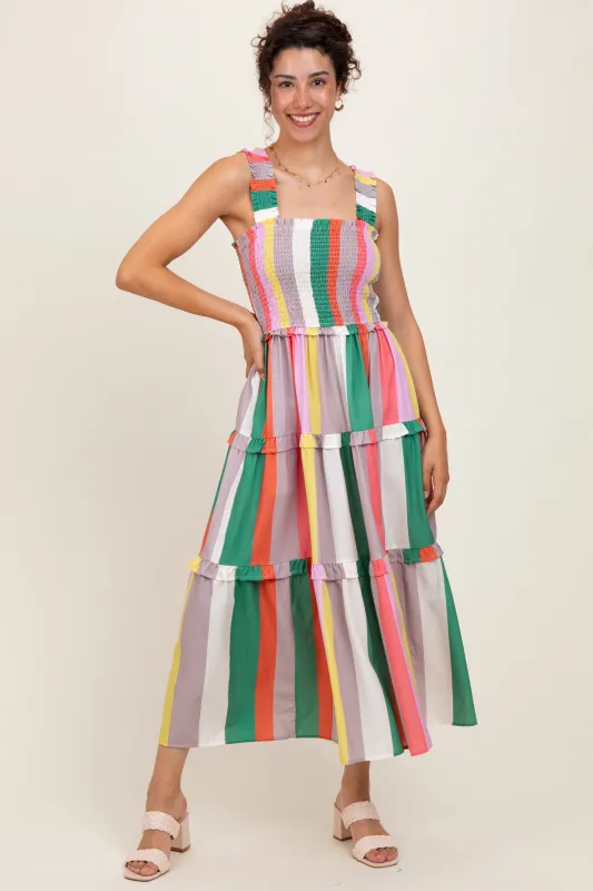 Green Wide Stripe Smocked Tiered Midi Dress sold by Pinkblush