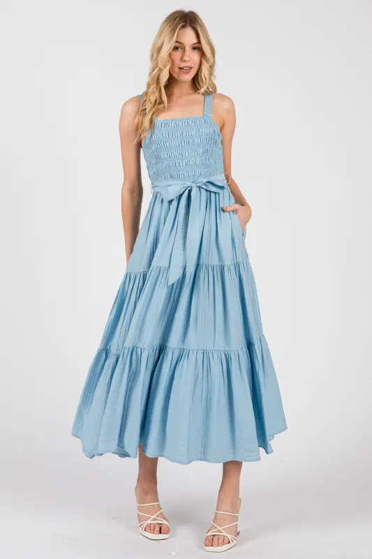 Light Blue Smocked Tiered Midi Dress sold by Pinkblush