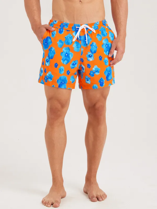 Hapnix® - Men's Orange Floral Print 5" Swim Trunks sold by BERLOOK
