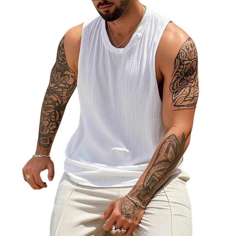 Men's Casual Cotton Linen Pleated Round Neck Loose Tank Top MTA3176C3M sold by Manly
