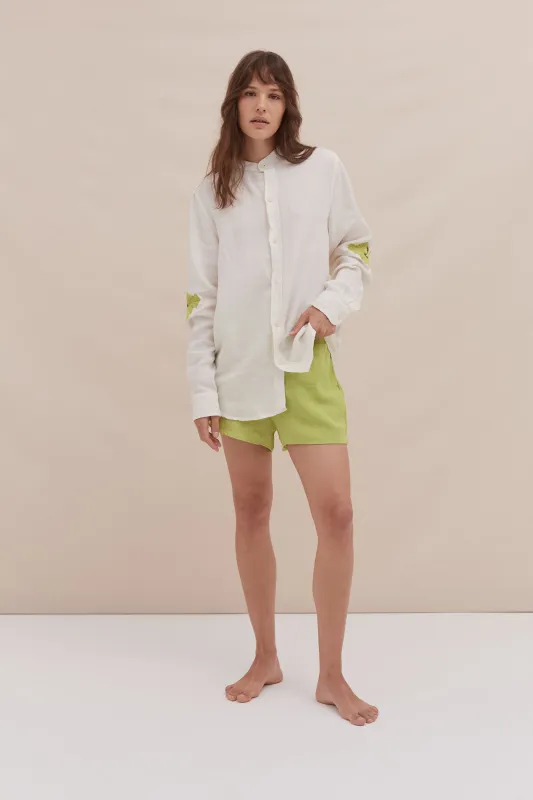 Grandad Collar Shirt & Easy Short Set Embroidered Cream/Lime Linen sold by Desmond & Dempsey