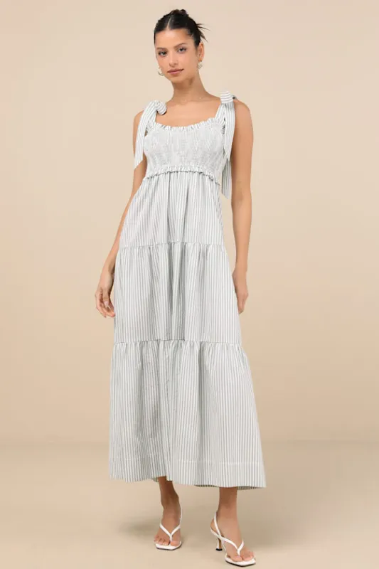 Bembe Sage Striped Tie-Strap Tiered Maxi Dress sold by Lulus