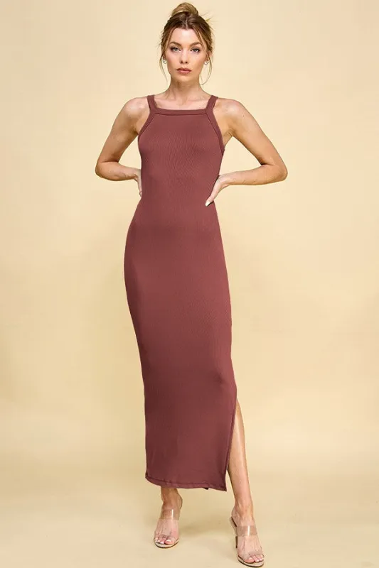 Rust Ribbed Fitted Side Slit Midi Dress sold by Pinkblush