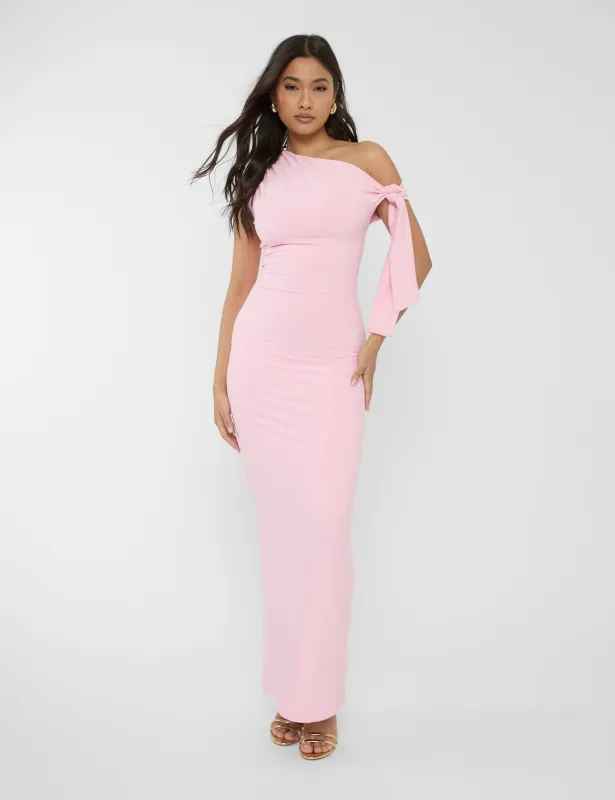 Knot Detail Asymmetric One Shoulder Luxe Slinky Maxi Dress Soft Pink sold by Public Desire