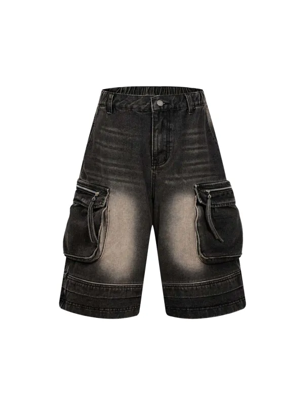 Washed Multi-Pocket Denim Cargo Jorts sold by Thesupermade