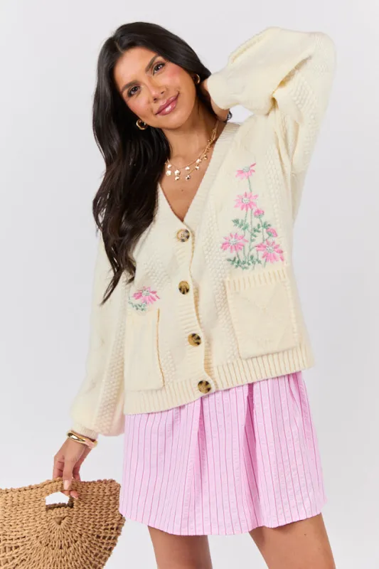 Up To Fate Cream and Pink Multi Floral Embroidered Cardigan sold by Pink Lily