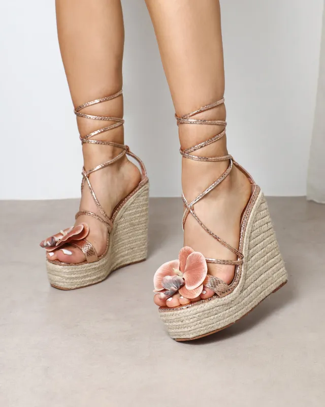 Cancun Rose Gold Orchid Flower Detail Wedge Heels sold by Simmi London