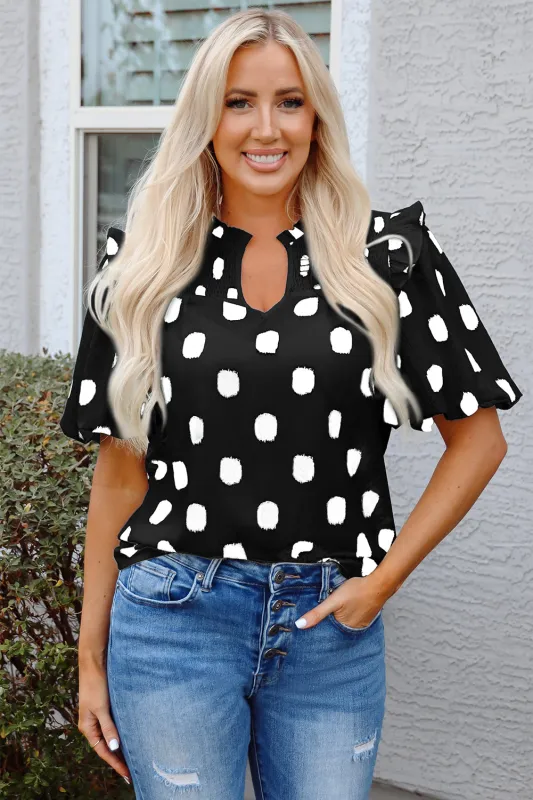Black Polka Dot Print Shirred Yoke Notched Neck Balloon Sleeve Blouse sold by Beagle Boutique