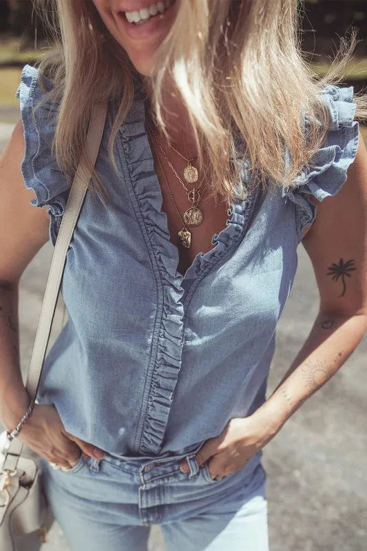 Beau Blue Frilly Ruffle Trim V Neck Chambray Tank Top sold by Beagle Boutique