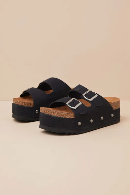 Pueblo Black Suede Platform Buckle Slide Sandals sold by Lulus