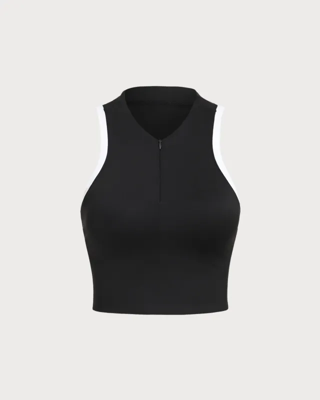 Black Round Neck Zipper Yoga Tank Top - Light Support sold by rihoas