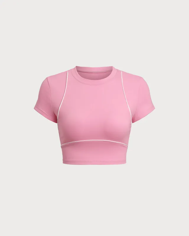 Pink Round Neck Yoga Short Sleeve Top - Light Support sold by rihoas