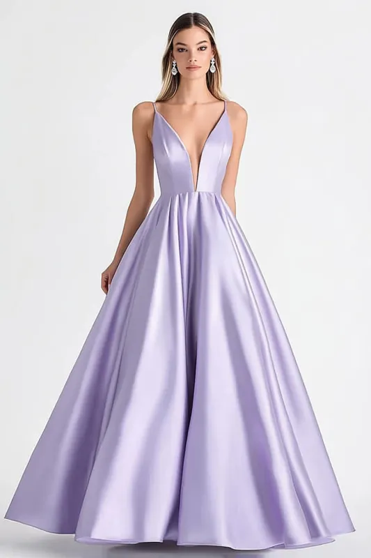 Lilac Spaghetti Straps A Line Long Satin Prom Dress sold by Zapaka