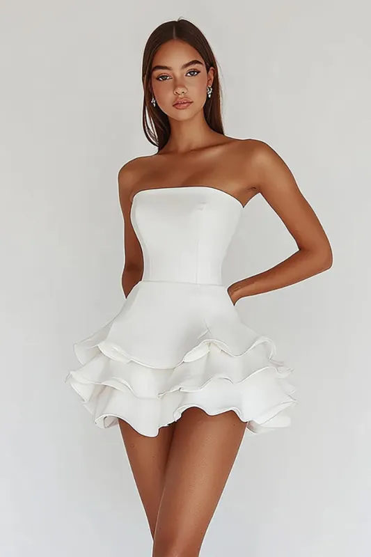 White Strapless A Line Tiered Matte Satin Graduation Dress sold by Zapaka