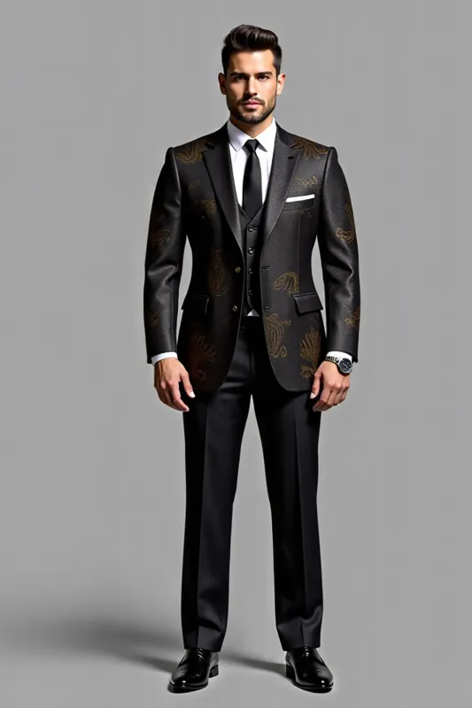 Elegant Black Embroidered 3 Piece Men's Suit sold by Zapaka