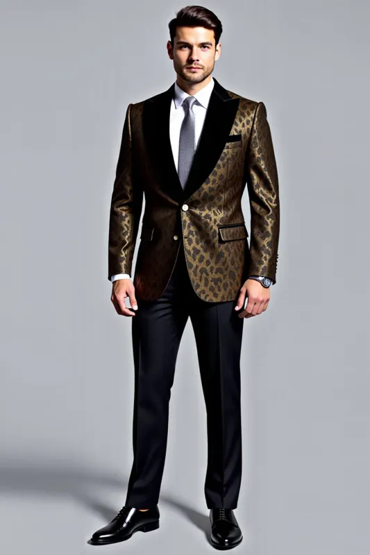 Black Golden Leopard Peak Lapel 2 Piece Men's Suits sold by Zapaka