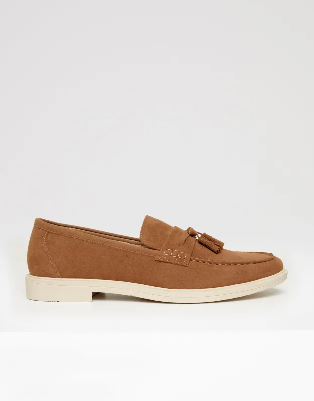 Tan Brown Faux Suede Tassel Loafers sold by Threadbare