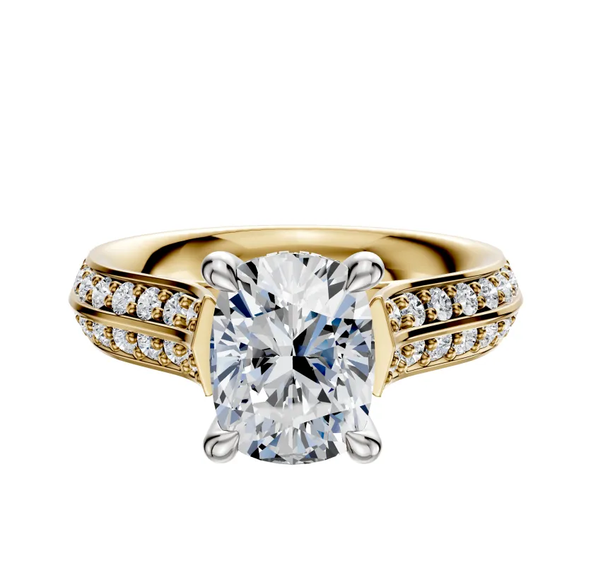 18K Two Tone 4 Prong Hidden Halo Cathedral Knife Edge 1-Row-Pave 2.5mm Engagement Ring sold by Promise By Effy