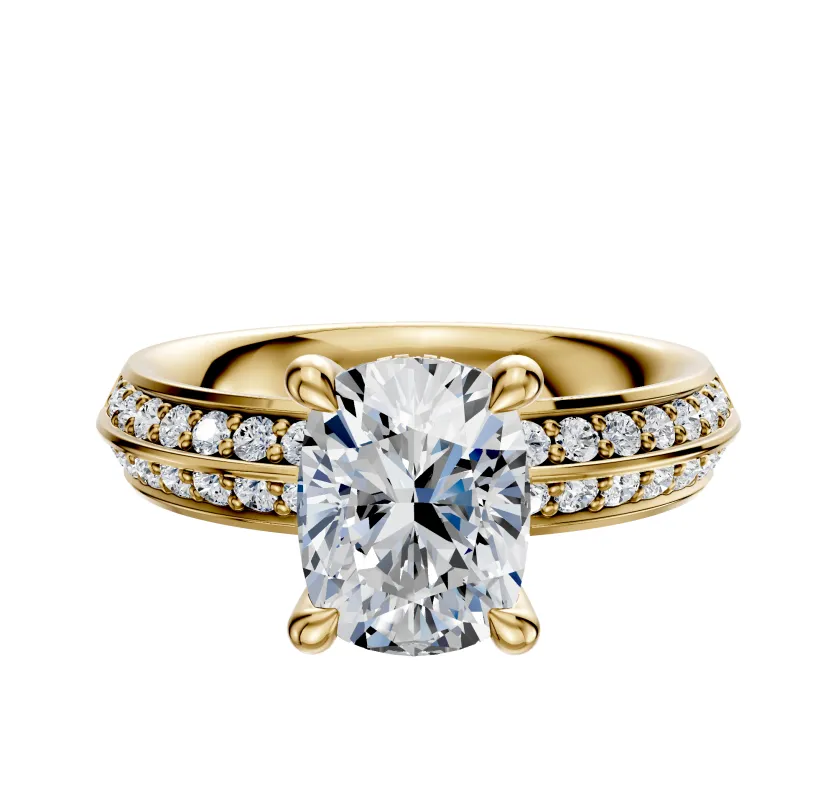 18K Yellow Gold 4 Prong Hidden Halo Classic Knife Edge 1-Row-Pave 2.5mm Engagement Ring sold by Promise By Effy