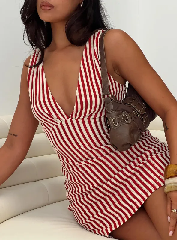 Daphney Plunge Mini Dress Red / Cream sold by Princess Polly