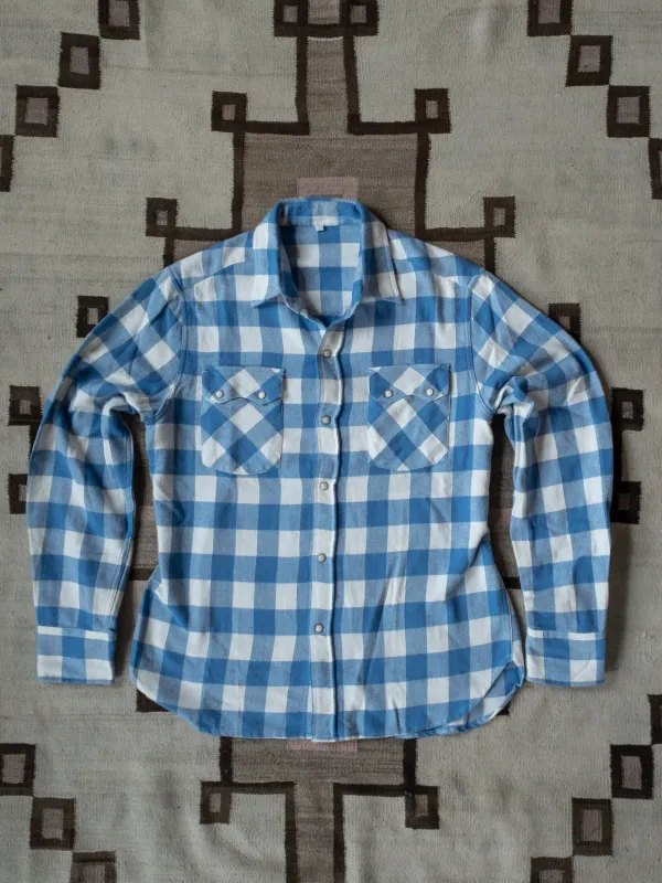 Washed Flannel Pearlsnap Shirt - Ox Blue/Cream Buffalo Plaid sold by Wythe NY