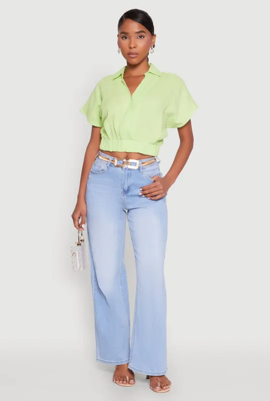 Faux Wrap Cropped Elastic Hem Blouse sold by Rainbow