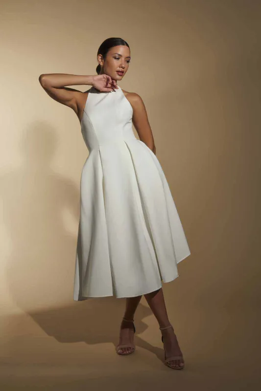 Denise Pleated A-Line Midi Dress with Halter Neckline sold by Jarlo London