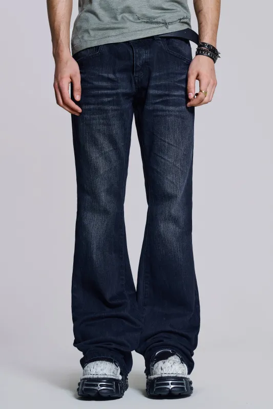 Indigo Creased Drift Flared Jeans sold by Jaded London