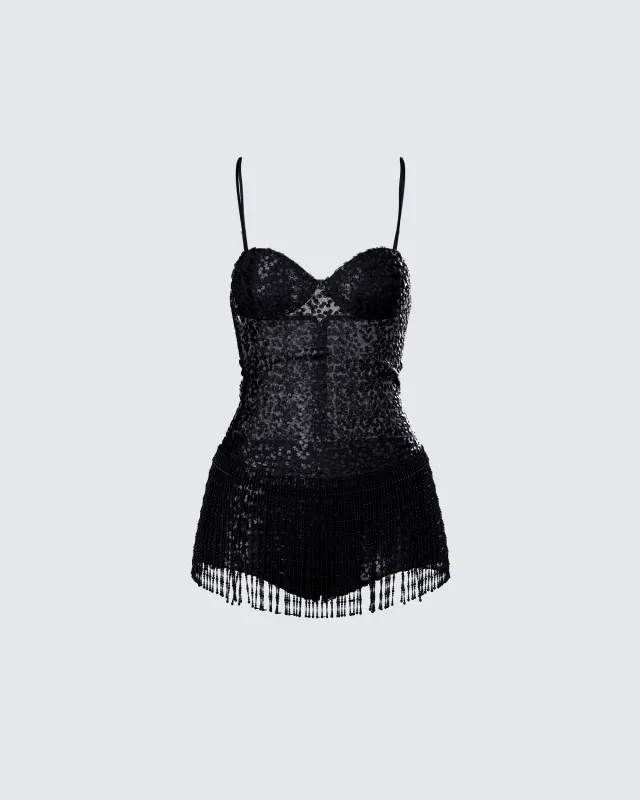 Andrina Black Sequin Fringe Romper sold by Finesse