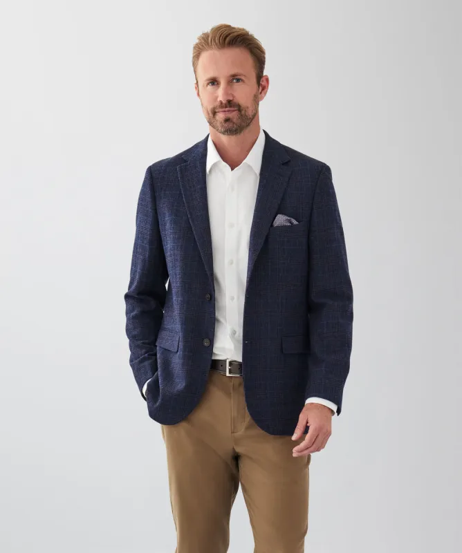 Brushed Wool Blend Check Sports Jacket - Navy sold by GAZMAN