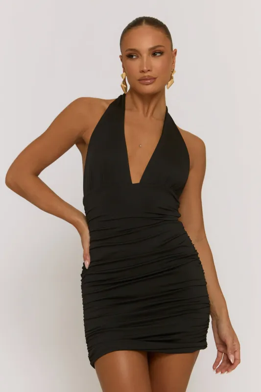 Black Halter Neck Ruched Mini Dress - Risa sold by Rebellious Fashion