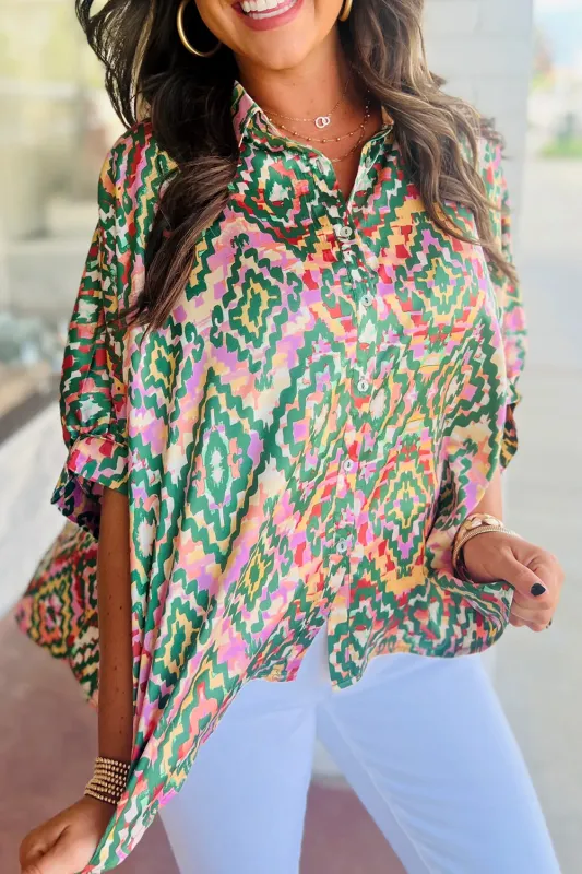 Dark Green Abstract Print Half Sleeve Button up Loose Shirt sold by Beagle Boutique