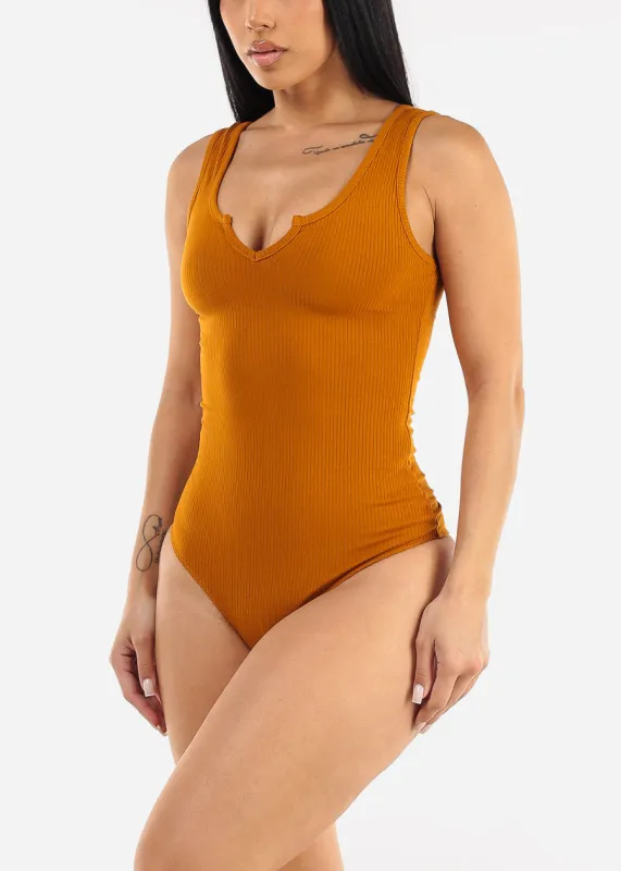 Sleeveless Vneck Ribbed Thong Bodysuit Camel sold by Moda