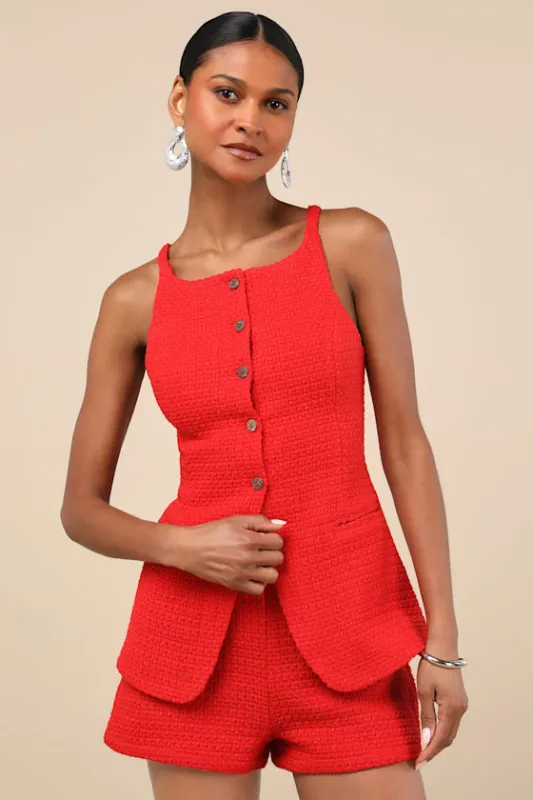 Mariette Red Knit Button-Front Vest Top sold by Lulus