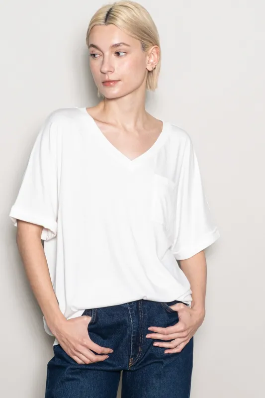 White Oversized V-Neck Front Pocket T-Shirt sold by Pinkblush