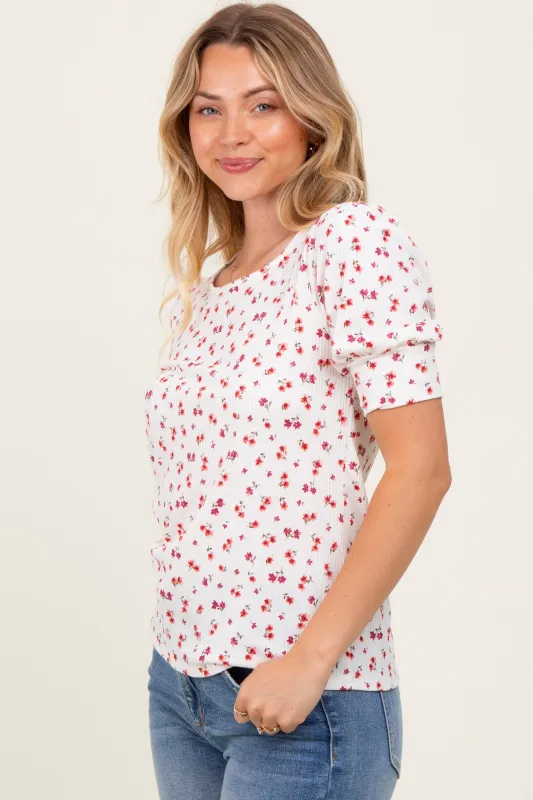 White Floral Ribbed Puff Sleeve Top sold by Pinkblush