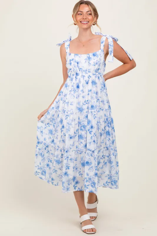 Blue Floral Shoulder Tie Tiered Midi Dress sold by Pinkblush