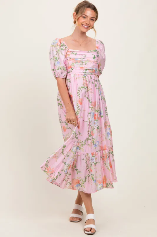 Pink Floral Pleated Bust Puff Sleeve Midi Dress sold by Pinkblush