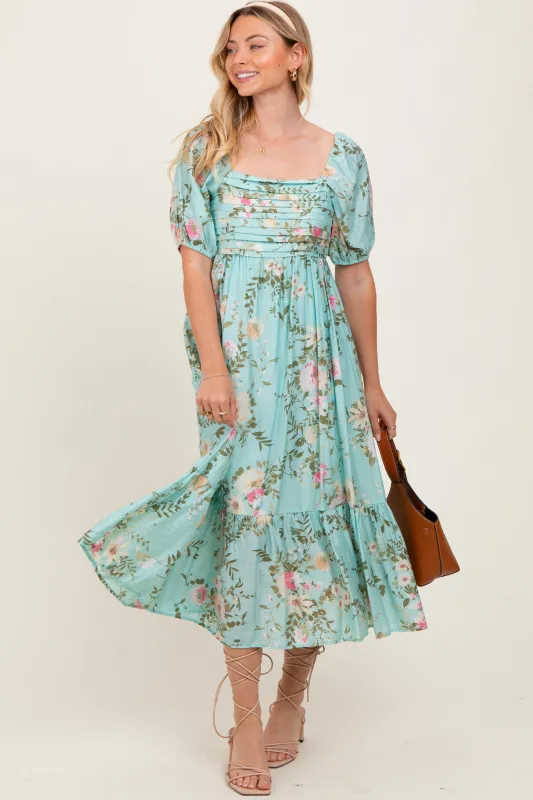 Mint Floral Pleated Bust Puff Sleeve Midi Dress sold by Pinkblush