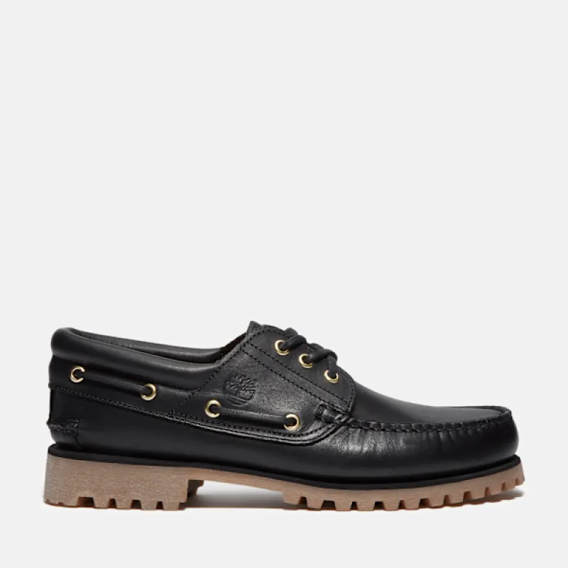 Men's Timberland® Authentic 3-Eye Lug Handsewn Boat Shoe in Black Full Grain sold by Timberland