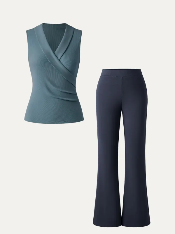 2Pcs Set Collared Surplice Tank & Mid Rise Pull-on Flared Pant sold by ogl move