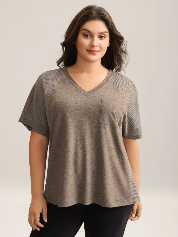 Waffle V-Neck Pocket Plain T-Shirt sold by Bloomchic