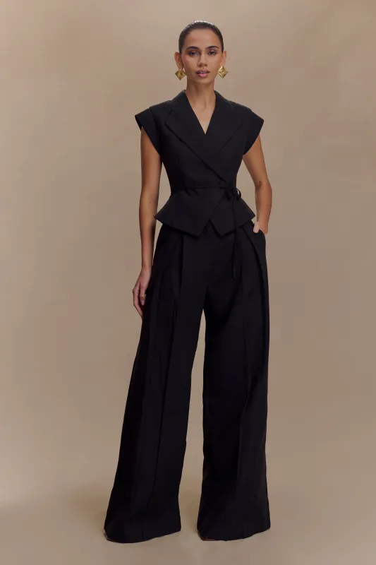 Raya Mid Rise Wide Leg Linen Pant - Black sold by Meshki