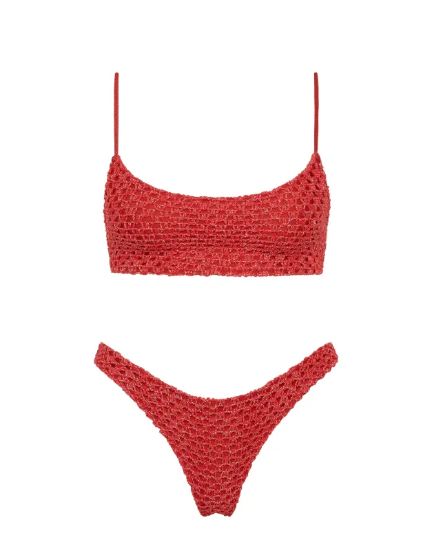 MICA - TAGE Red Sparkle Crochet Crop Bikini Set sold by triangl swimwear