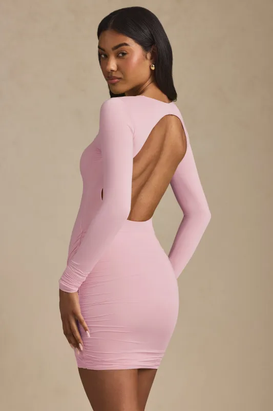 Twist-Front Ruched Backless Mini Dress in Soft Pink sold by Oh Polly
