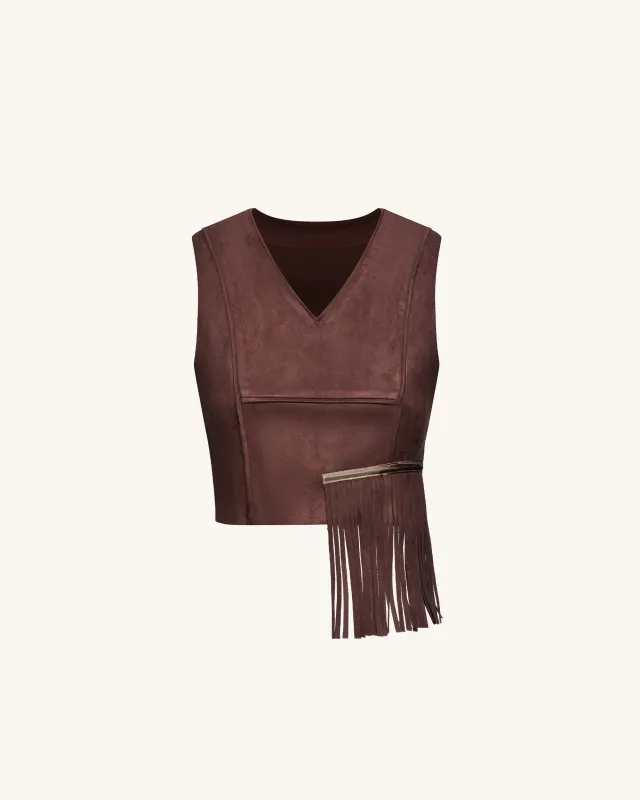 Faux Suede V-Neck Fringe Top - Chocolate Brown sold by JW PEI