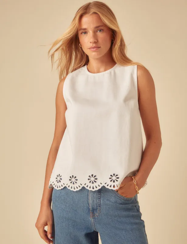 White Denim Broderie Swing Top sold by Nobody's Child