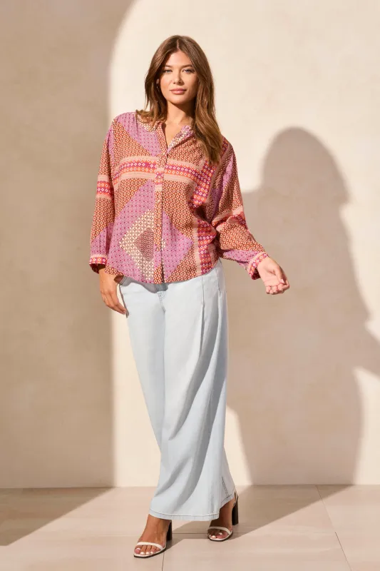 Flowy Dolman Sleeve Blouse With Self-Covered Buttons-Passionfruit sold by Tribal